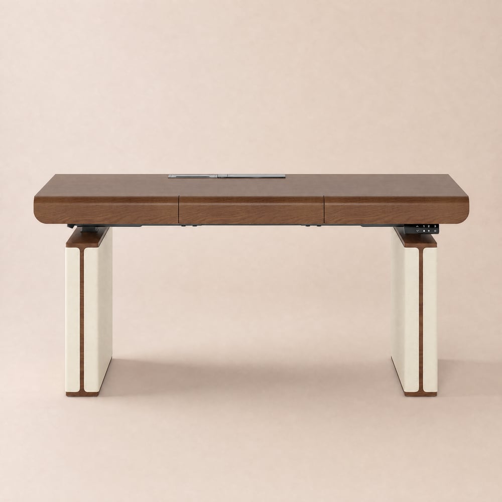 160 cm Height Adjustable Electric Standing Desk with Walnut Top and Leather-Wrapped Legs window image
