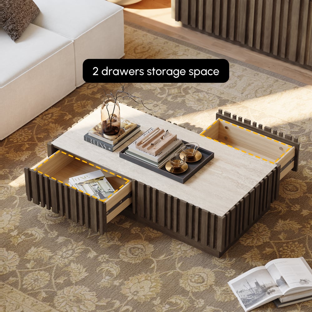 Aura 47" Ash Wood Slatted Coffee Table with Sintered Stone Top window image