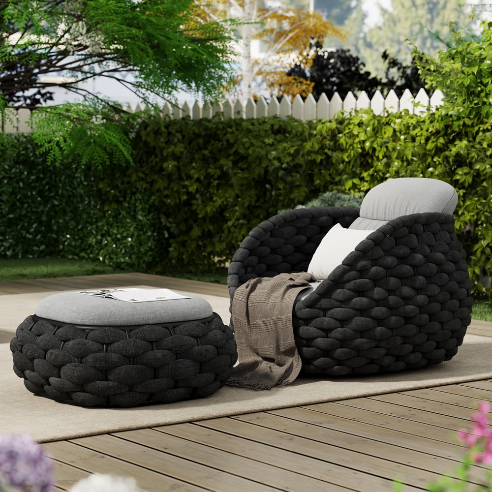 Cocaro Outdoor Hand-Woven Rope Footrest Storage Ottoman in Dark Grey window image