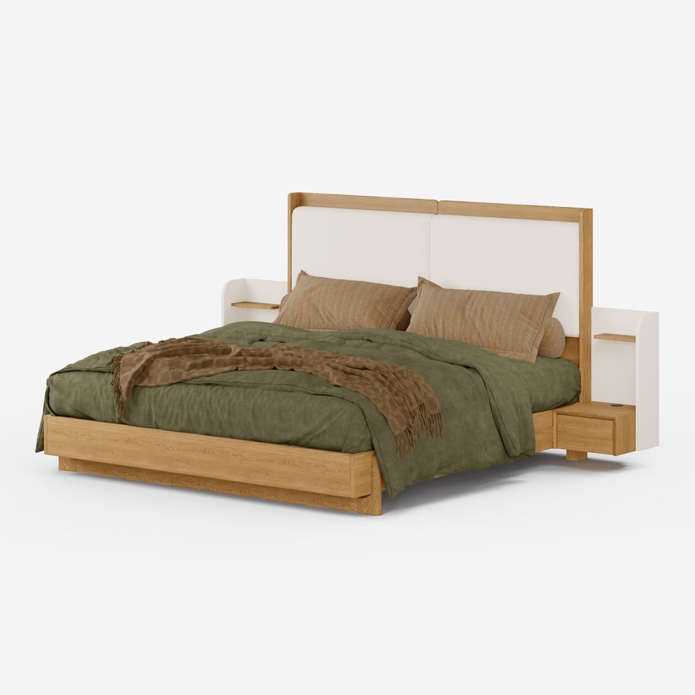Modern Upholstered Bed with Headboard and Floating Bedside Tables in Natural window image