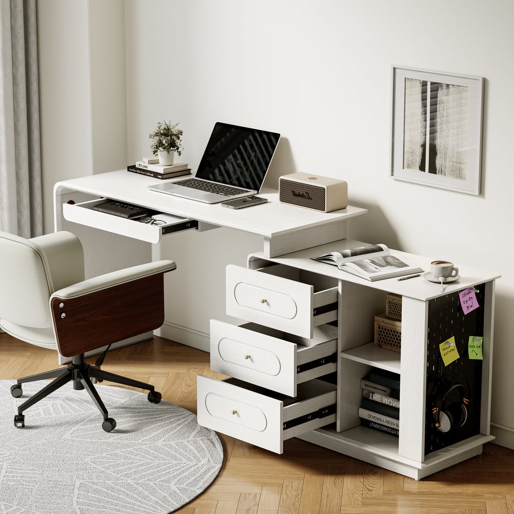 Modern 73" L-Shaped White Rotating Desk with Keyboard Tray & Storage window image