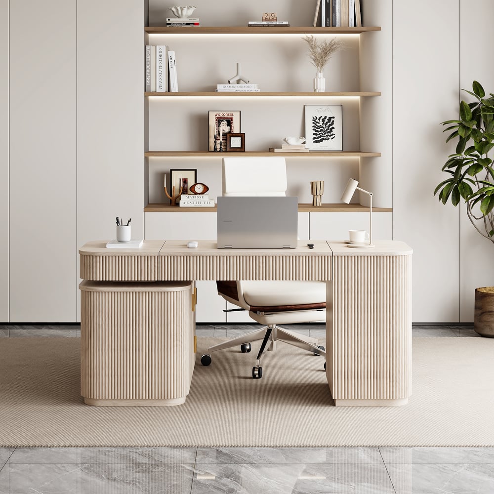 Velign 65" L-Shape Whitewash Executive Desk with Right-Side Cabinet window image