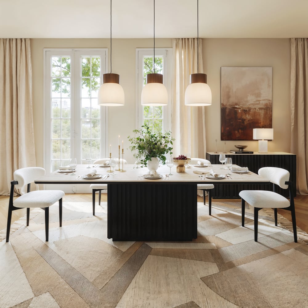 Aura 84" Rectangular Black Faux Travertine Sintered Stone Dining Table, Fluted Base, Seats 8 window image