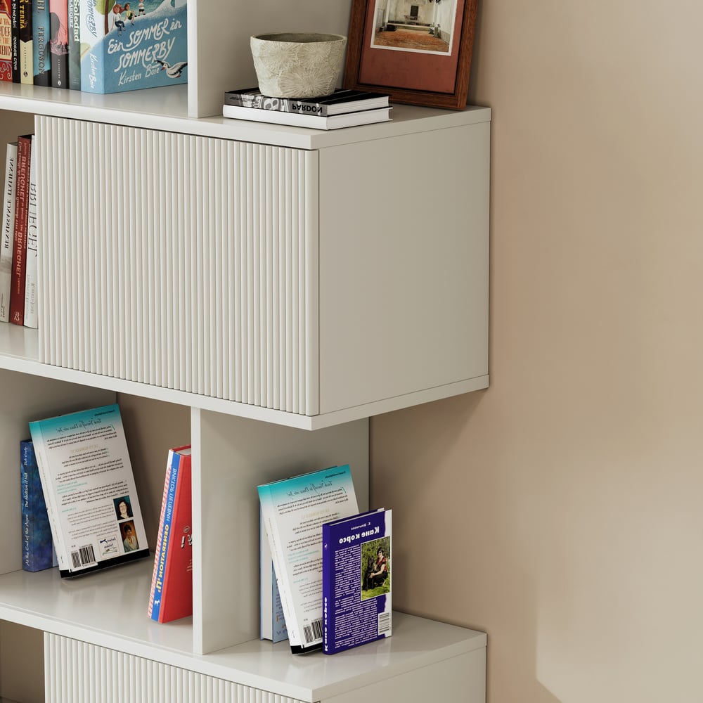 72.8" Warm White Sliding Door Etagere Bookshelf 5-Shelf Tall Book Shelf Rich Storage window image