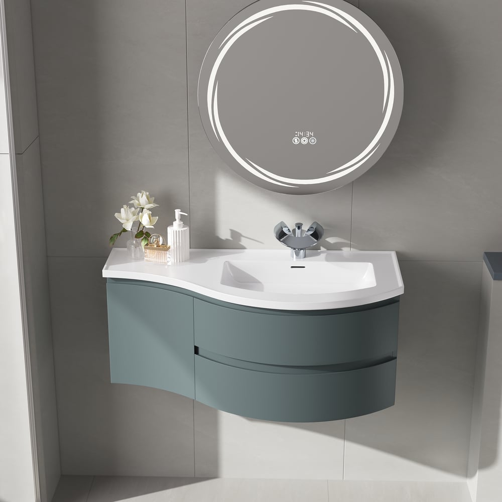 Floating Curved Bathroom Vanity & Round LED Medicine Cabinet Set Right Offset window image