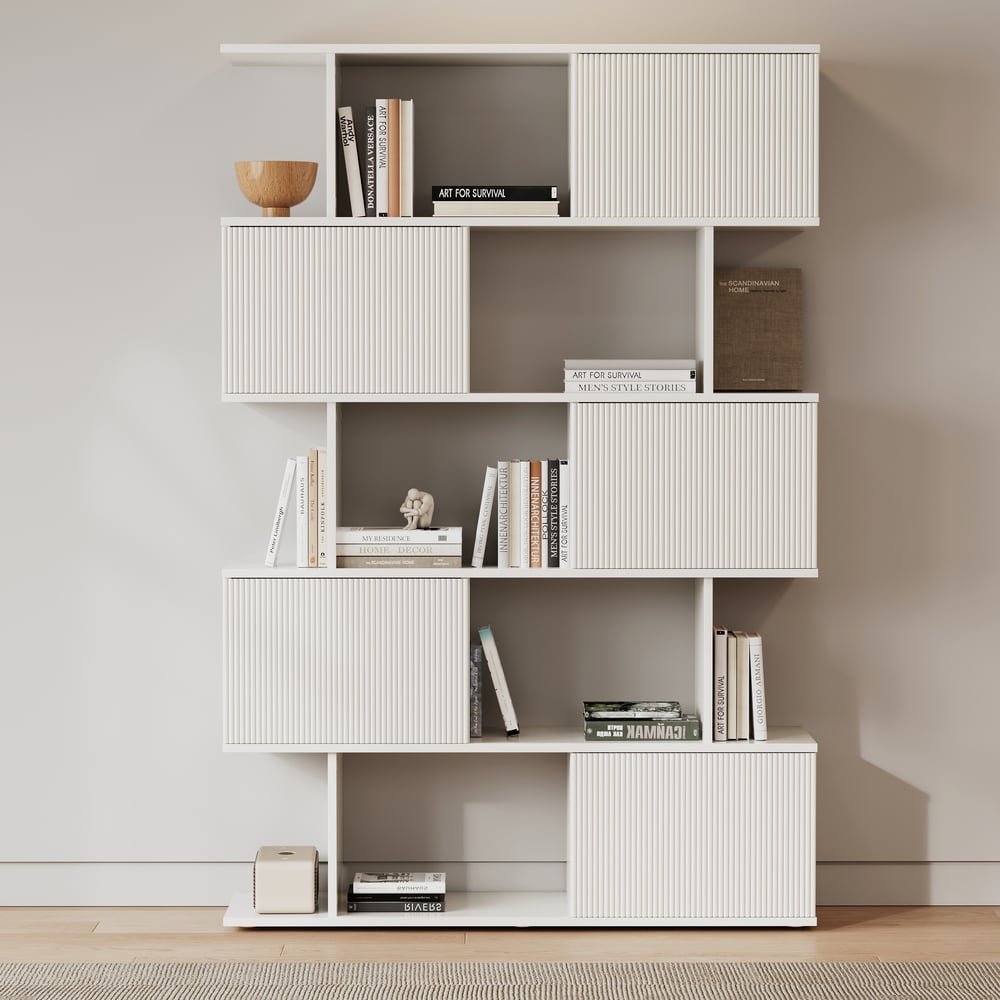 Modern 60" White Standing Office Desk & Sliding Door Etagere Bookshelf window image