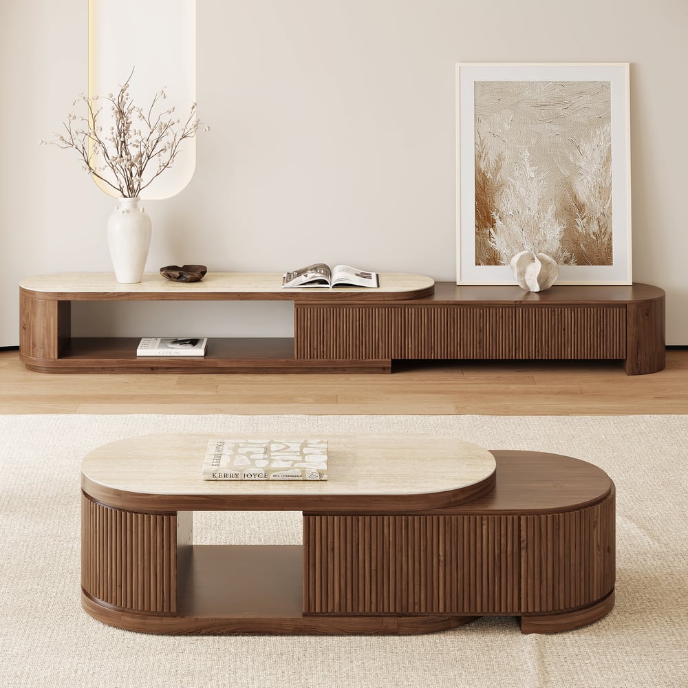 Rack de TV Extensível Velar 71"-114" com Tampo de Pedra Sinterizada e 3 Gavetas Imagem da janela