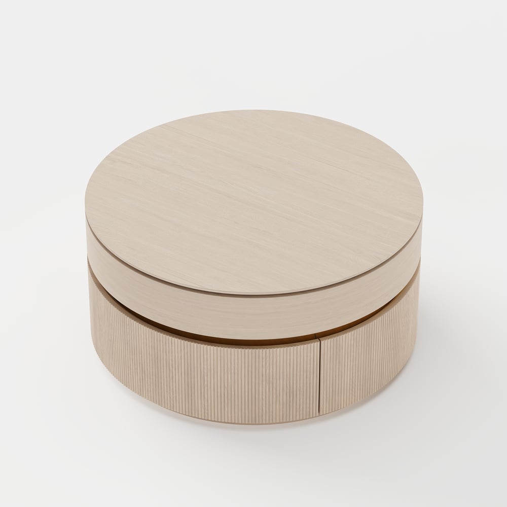 Table basse ronde à plateau relevable cannelé de 32 pouces avec 2 tiroirs image de fenêtre