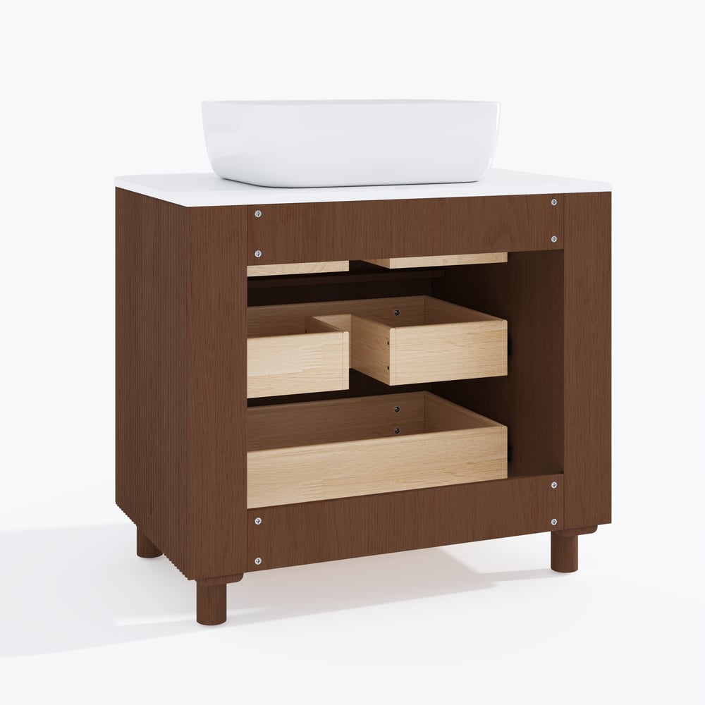80cm Fluted Freestanding Bathroom Vanity with Vessel Sink, 3-Drawers, Sintered Stone top window image
