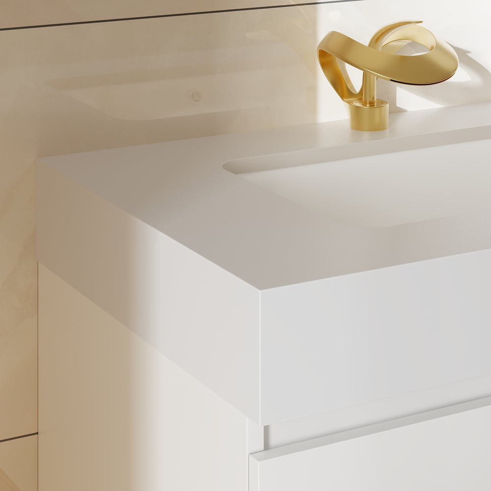 Móvel de casa de banho duplo flutuante de 150 cm com lavatórios de cerâmica, tampo de pedra sinterizada Imagem da janela