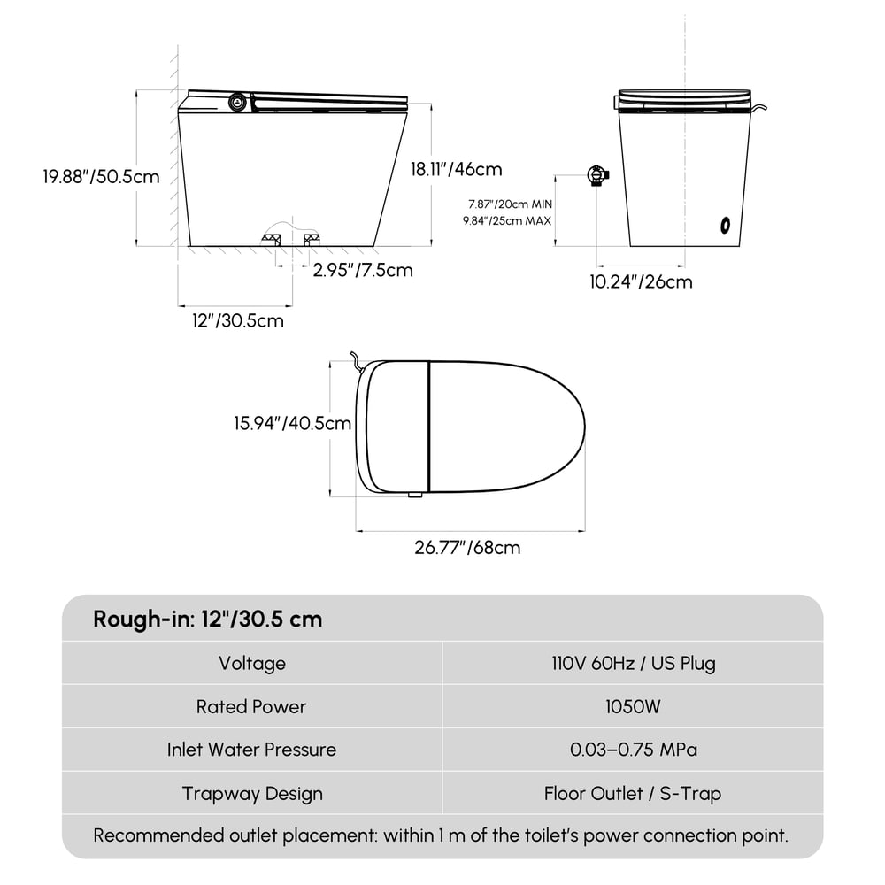 Hynova AX9 Smart Bidet Toilet with Powerful Flush, Built-in Tank, Foam Shield, ADA weights dimensions image