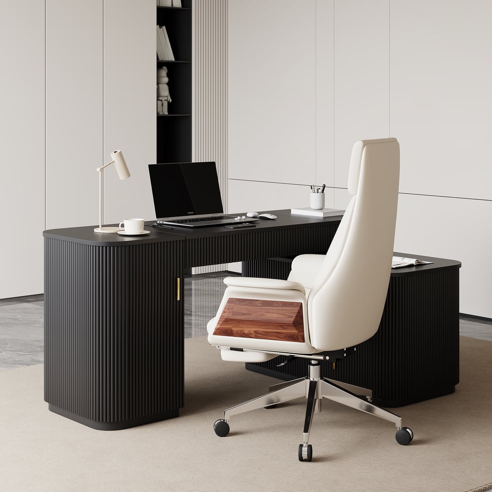 Velign 65" L-Shape Black Executive Desk with Right-Side Cabinet window image