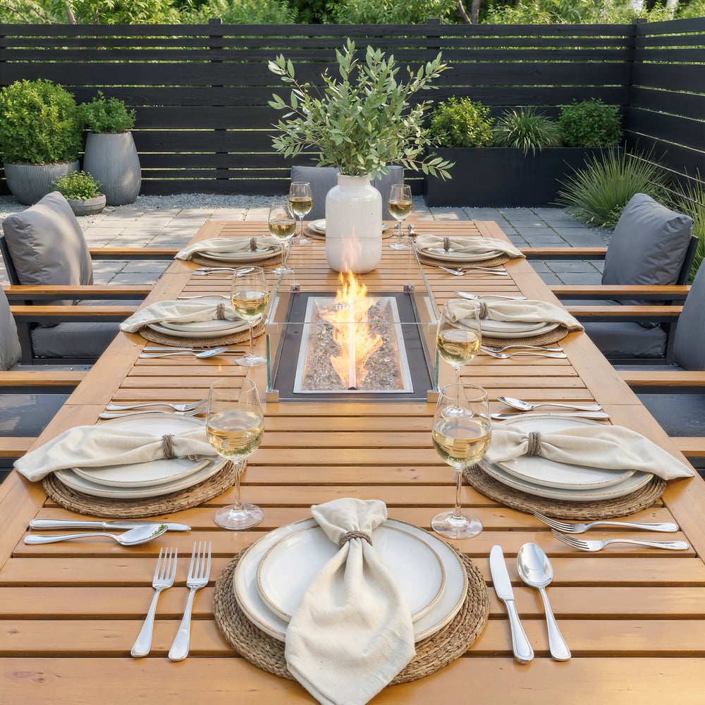 Axis 94.5" Outdoor Propane Fire Pit Dining Table with Hidden Tank & Wind Shield window image