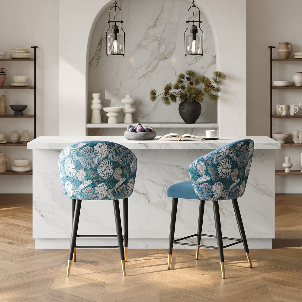 Modern Blue Velvet Counter Stool with Upholstered, 1 Piece window image