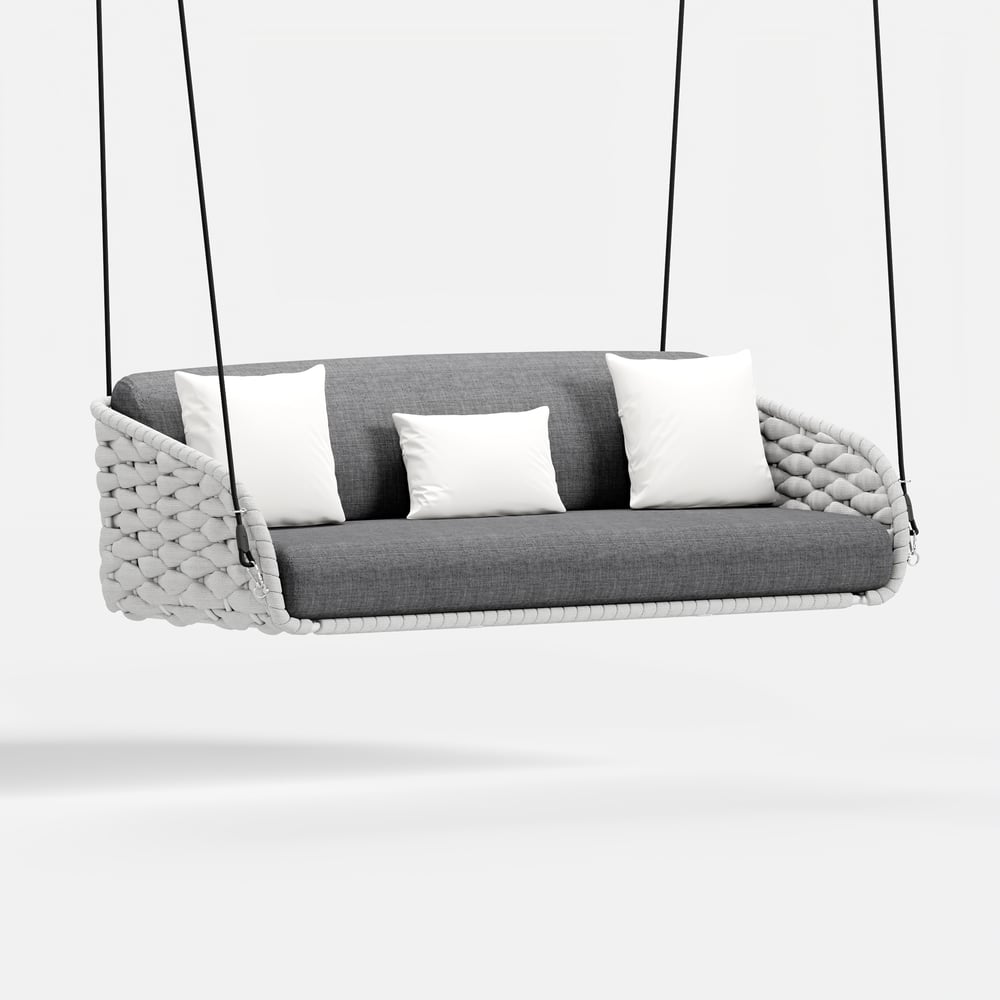 Cadeira Suspensa Tatta Outdoor em Alumínio com Trama de Corda e Almofada em Cinza Imagem da janela