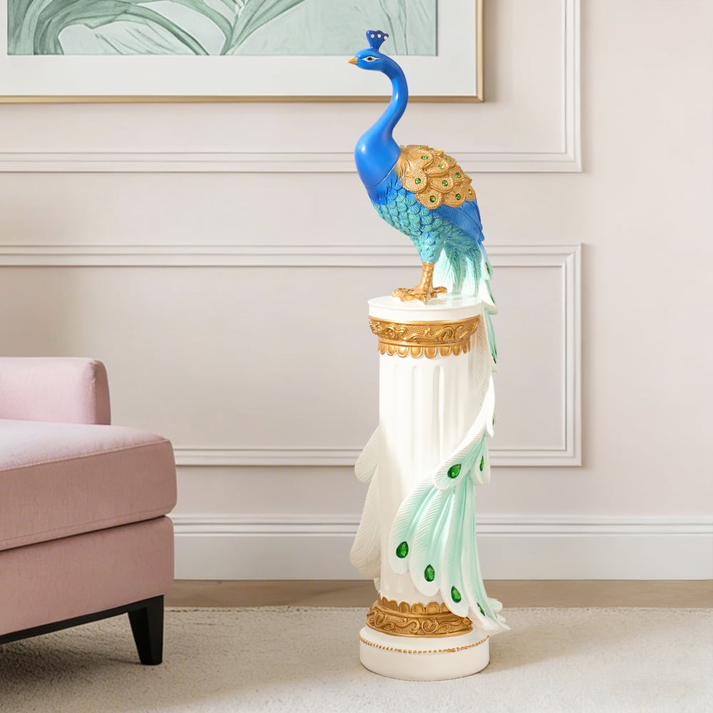 Estátua de Pavão de Resina de Luxo de 27" com Acentos de Cristal – Escultura Elegante para Decoração de Casa Imagem da janela