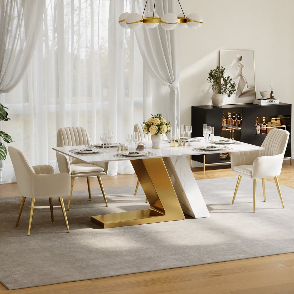 Dining Set 79" Modern Rectangle Sintered Stone Dining Table with 6 Chairs window image
