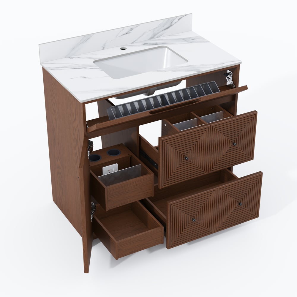92cm Walnut Single Bathroom Vanity with Sink and Sintered Stone Top window image