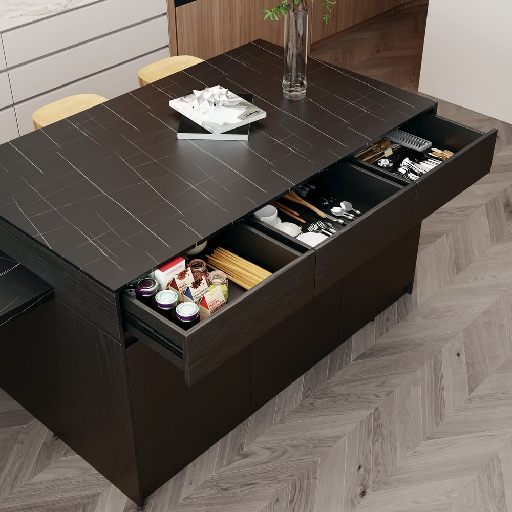 Îlot de cuisine en bois extensible de 81 à 112 pouces avec rangement, noir image de fenêtre