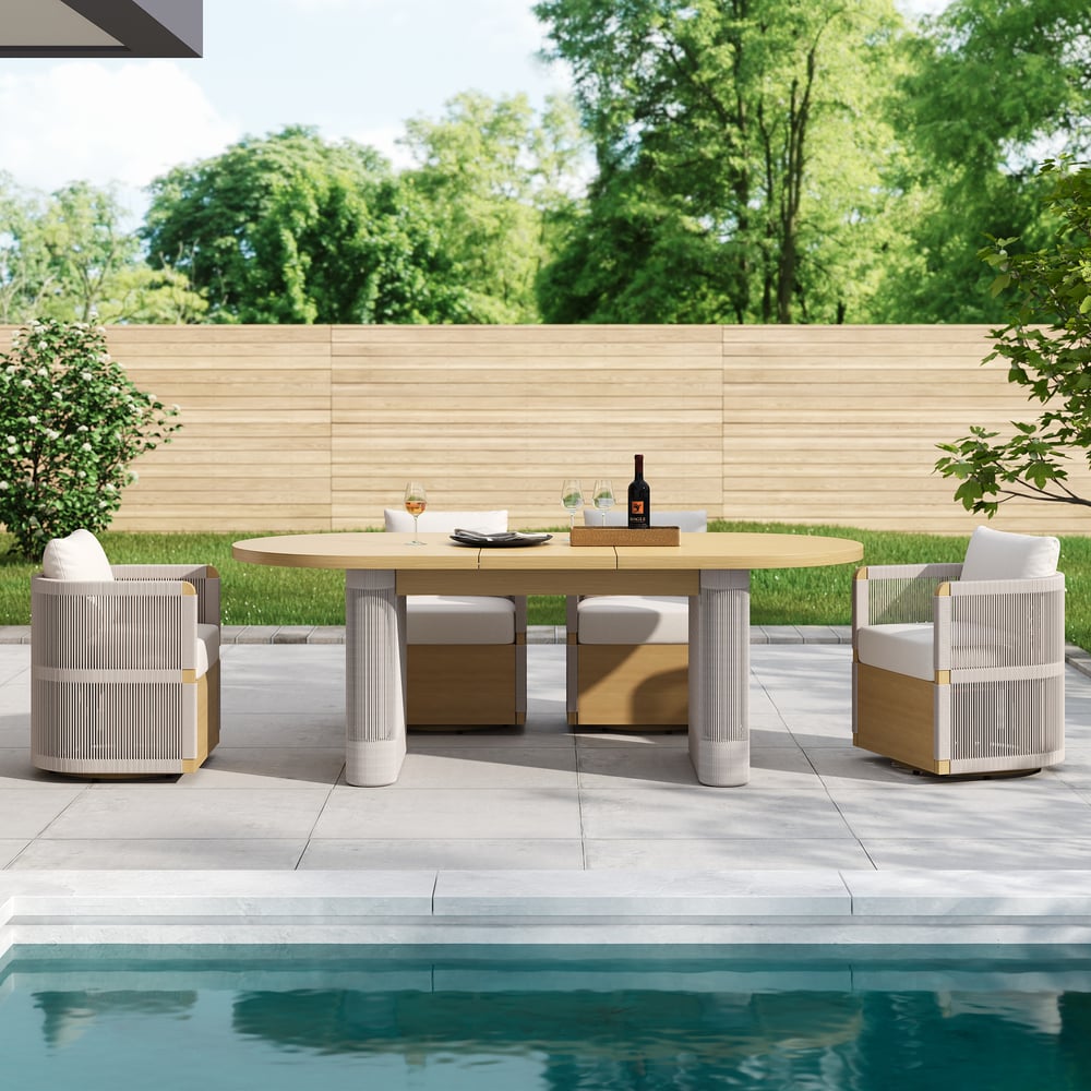 Costra  Outdoor Aluminum Extendable Dining Set with 6 Woven Swivel Armchairs in Ivory window image
