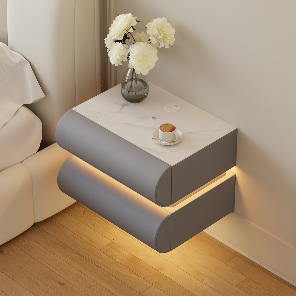 Humply Floating Leather 2-Drawer Smart LED Nightstand with Sintered Stone Top window image