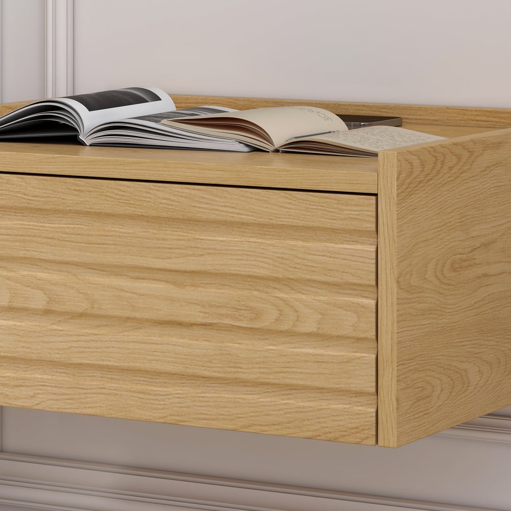 Japanese-Style Low Bed Frame with Natural Floor Bed and Floating Wooden Nightstands Set window image