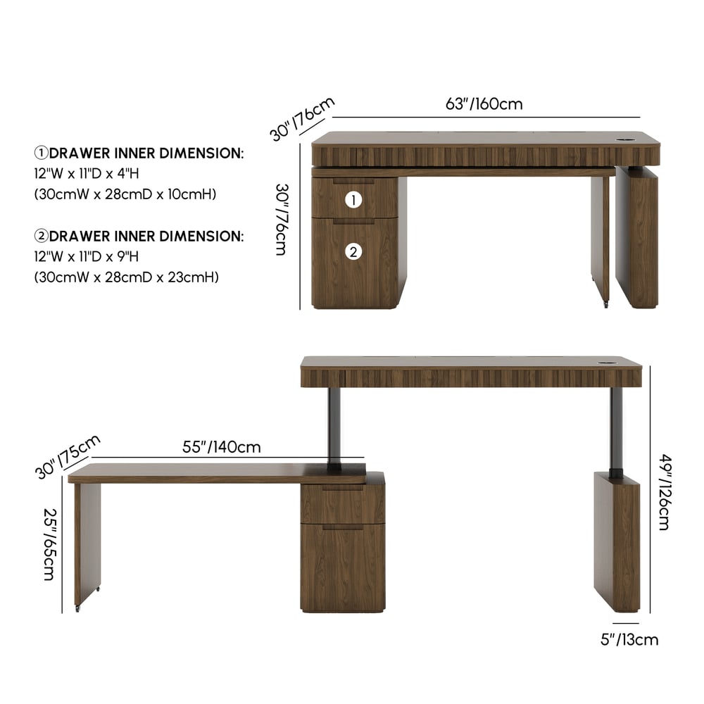 Aura 63" Smoked Brown 360-Degree Rotating Desk Electric Adjustable Standing Desk weights dimensions image