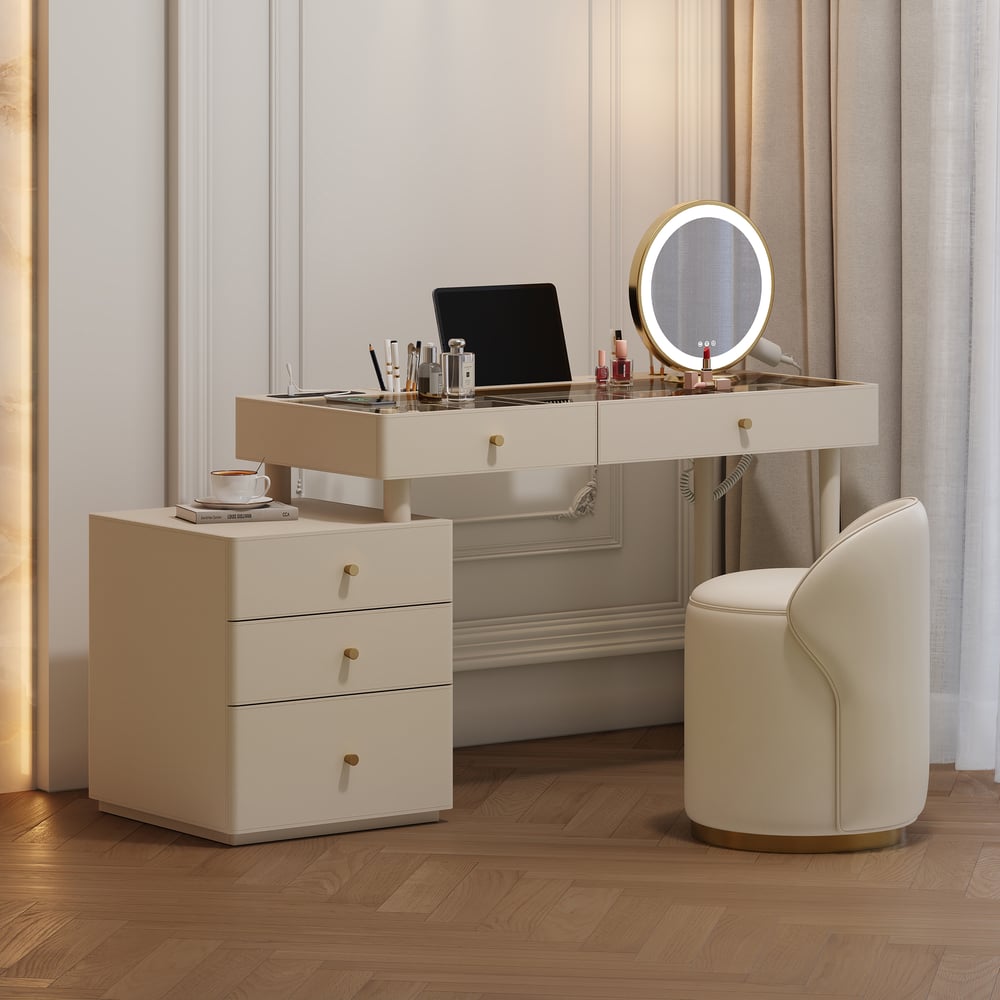 Selva Oatmeal Saddle Leather LED-Makeup Vanity Set with Charing Station and Mirror window image