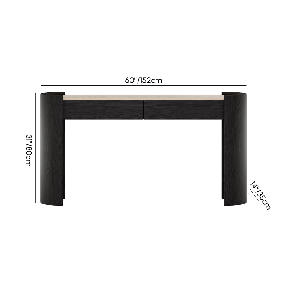 Console ovale Japandi de 60 pouces en pierre frittée avec 2 tiroirs Poids, dimensions, image
