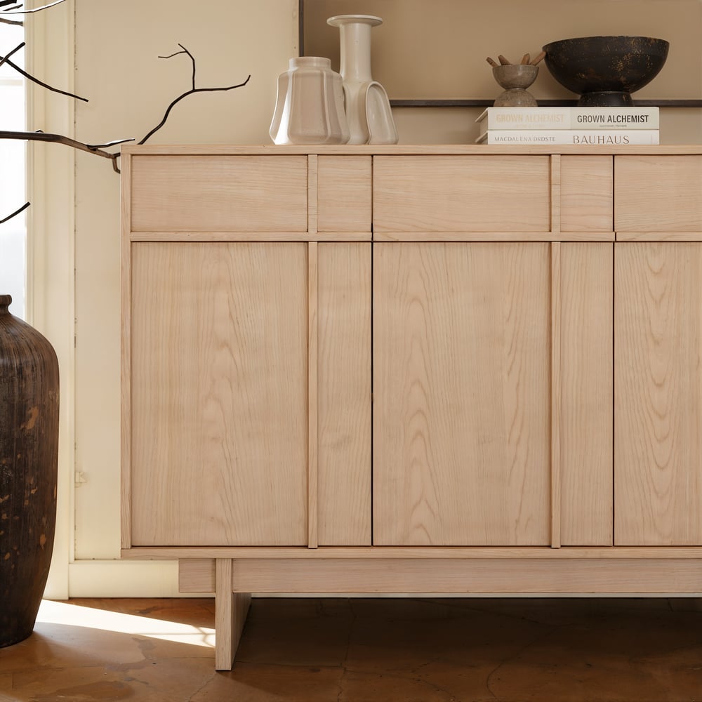 Mid Century Modern 60" Natural Wood Sideboard with Storage & Adjustable Shelves window image