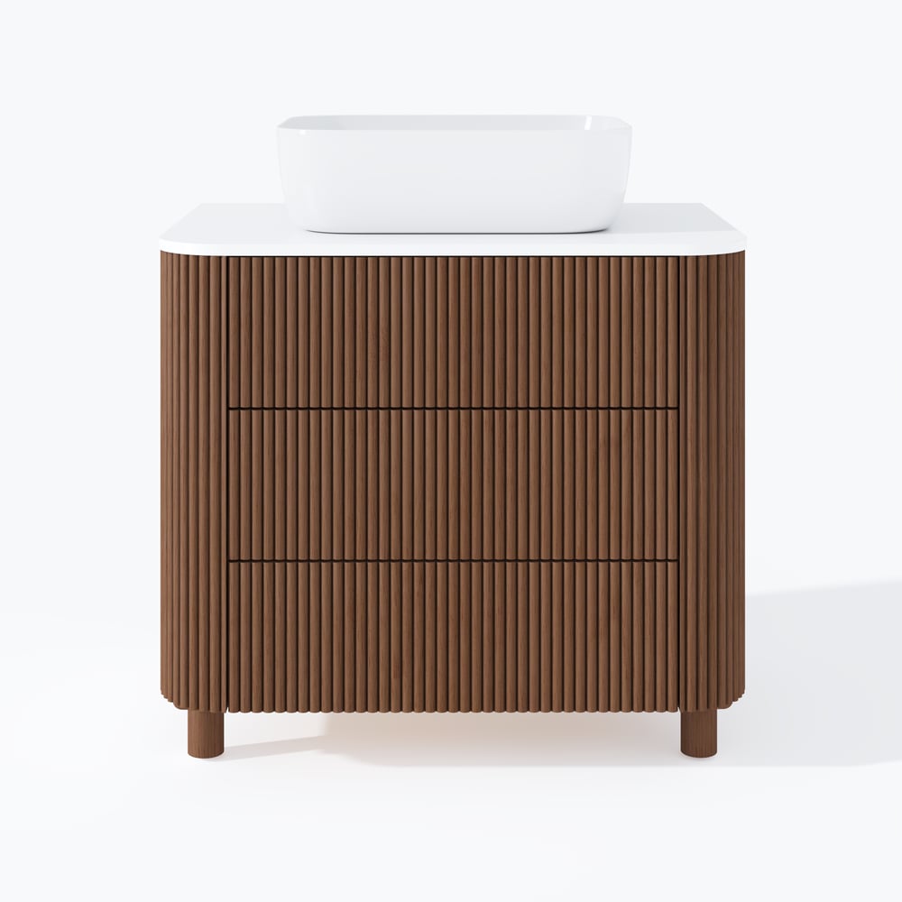 80cm Fluted Freestanding Bathroom Vanity with Vessel Sink, 3-Drawers, Sintered Stone top window image