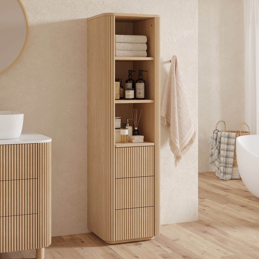 Fluted 58" Bathroom Linen Cabinet with 3 Drawers and Open Shelves window image