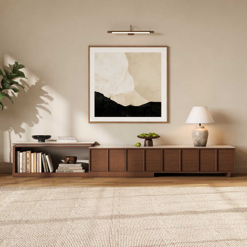 71"-108" Extendable Walnut TV Stand with Sintered Stone Top & Cabinets window image