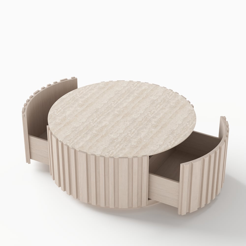 Aura 35" Round Washed White Slatted Sintered Stone Coffee Table with 2 Drawers window image
