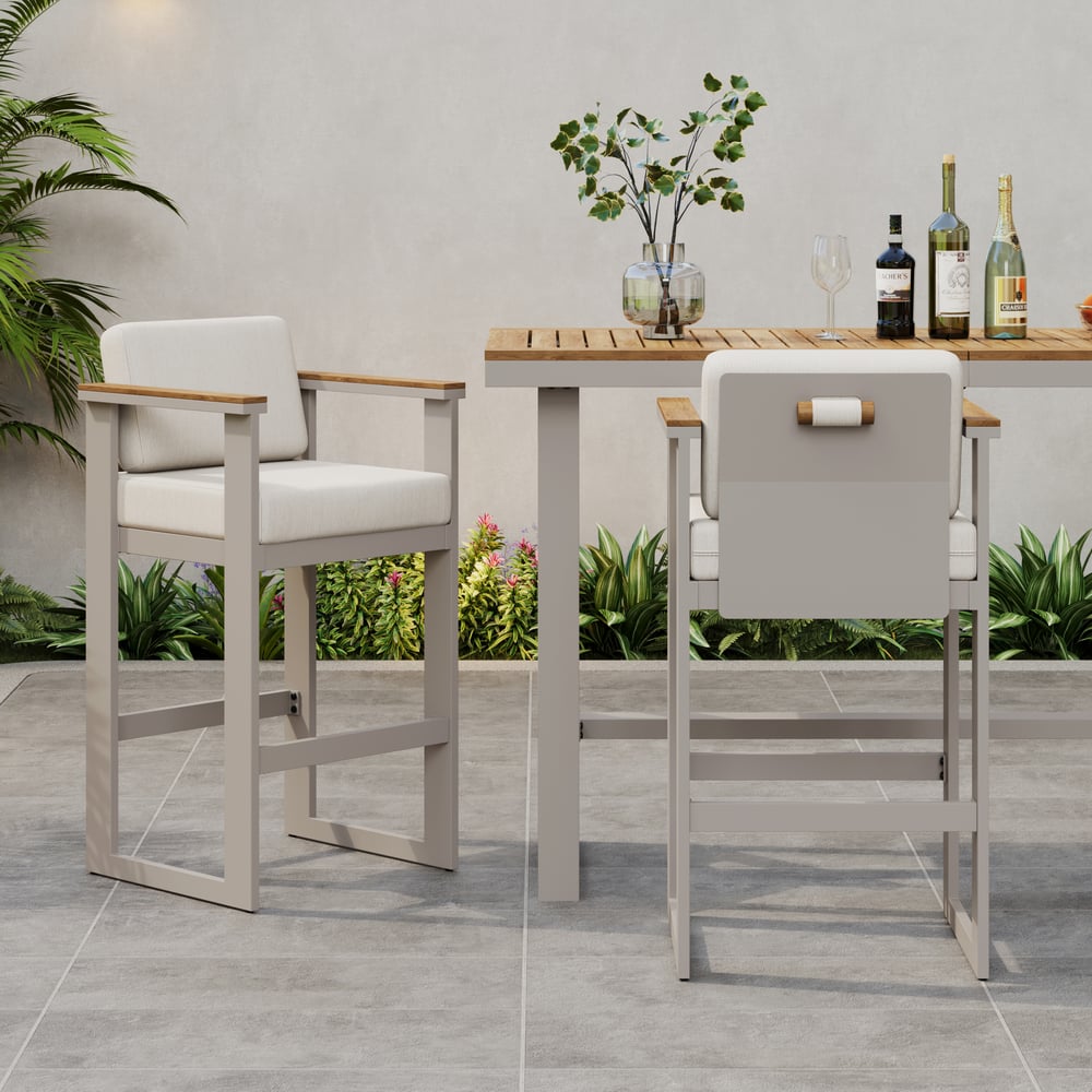 Tevara Outdoor Aluminum Frame & Teak Wood Armrest Bar Stools in Sand, Set of 2 window image