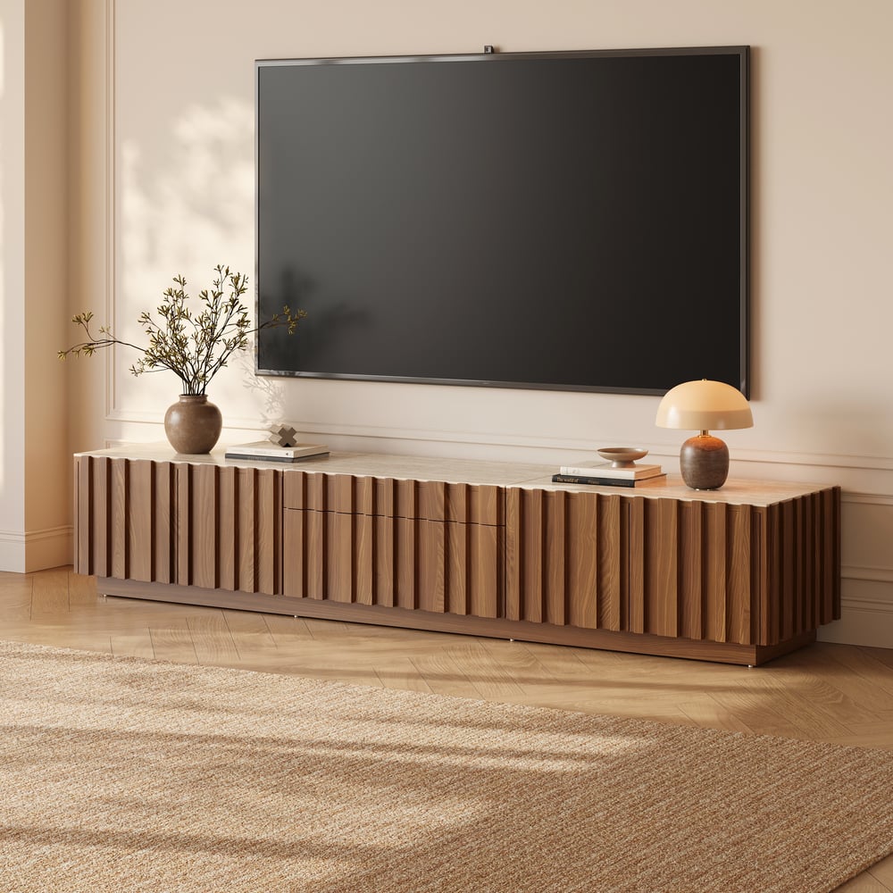 Aura 80" Ash Wood Fluted Walnut Projector TV Stand with Sintered Stone Top window image