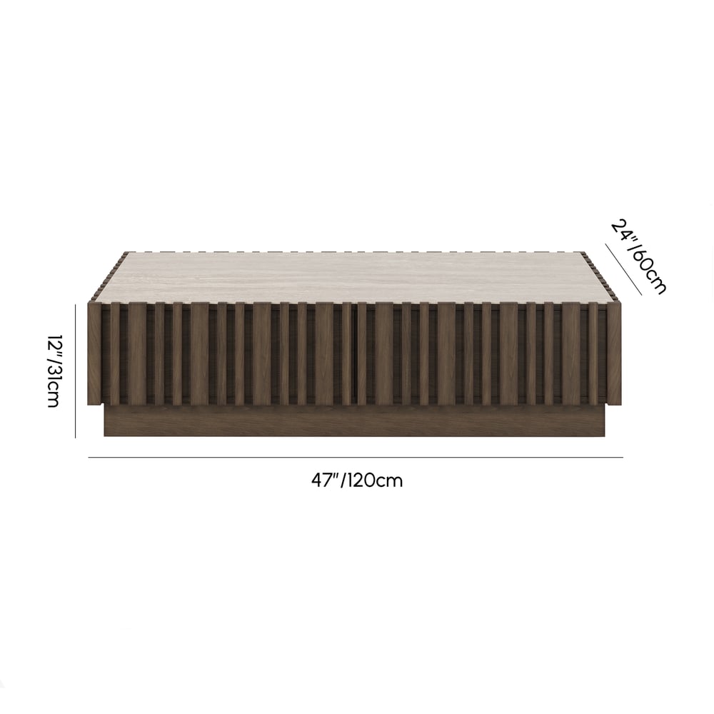 Aura 47" Ash Wood Slatted Coffee Table with Sintered Stone Top weights dimensions image