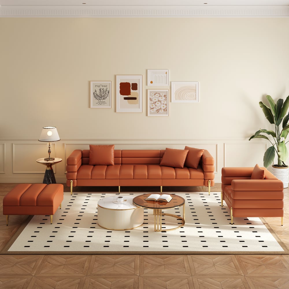 Set divano 3 pezzi Axial con divano chaise longue, pouf e poltrona d'accento Immagine della finestra