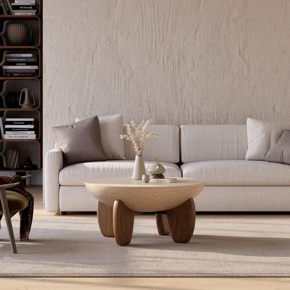 Table Basse Curva 76 cm Ronde en Béton Noyer avec Pieds en Bois image de fenêtre