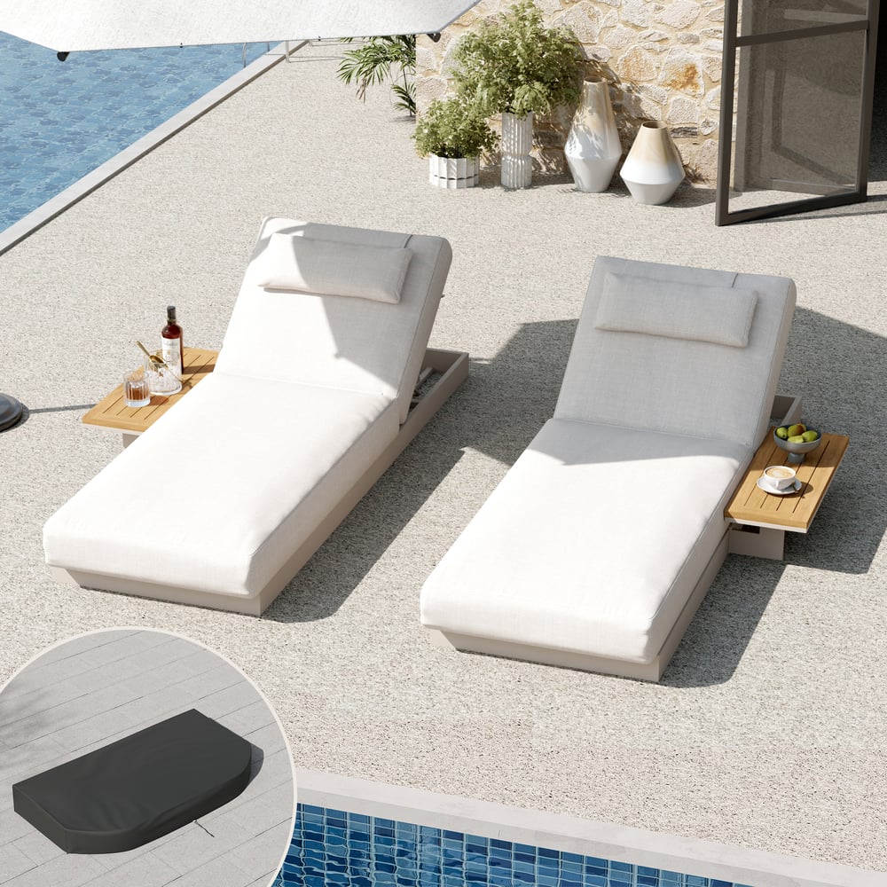 Tevara 2-Piece Sand Teak & Aluminum Adjustable Outdoor Chaise Lounge with Black Cover window image