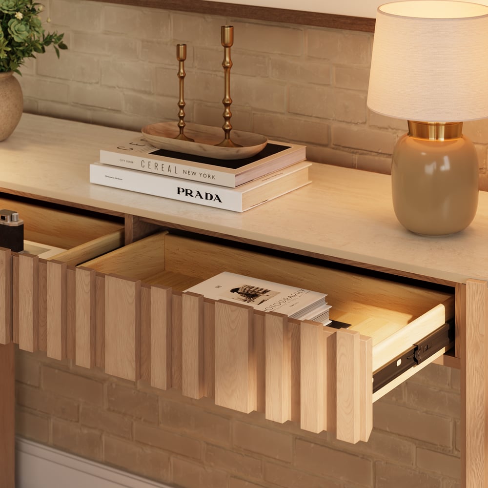 Aura 60" Ash Wood Fluted Natural Console Table With Sintered Stone Top window image