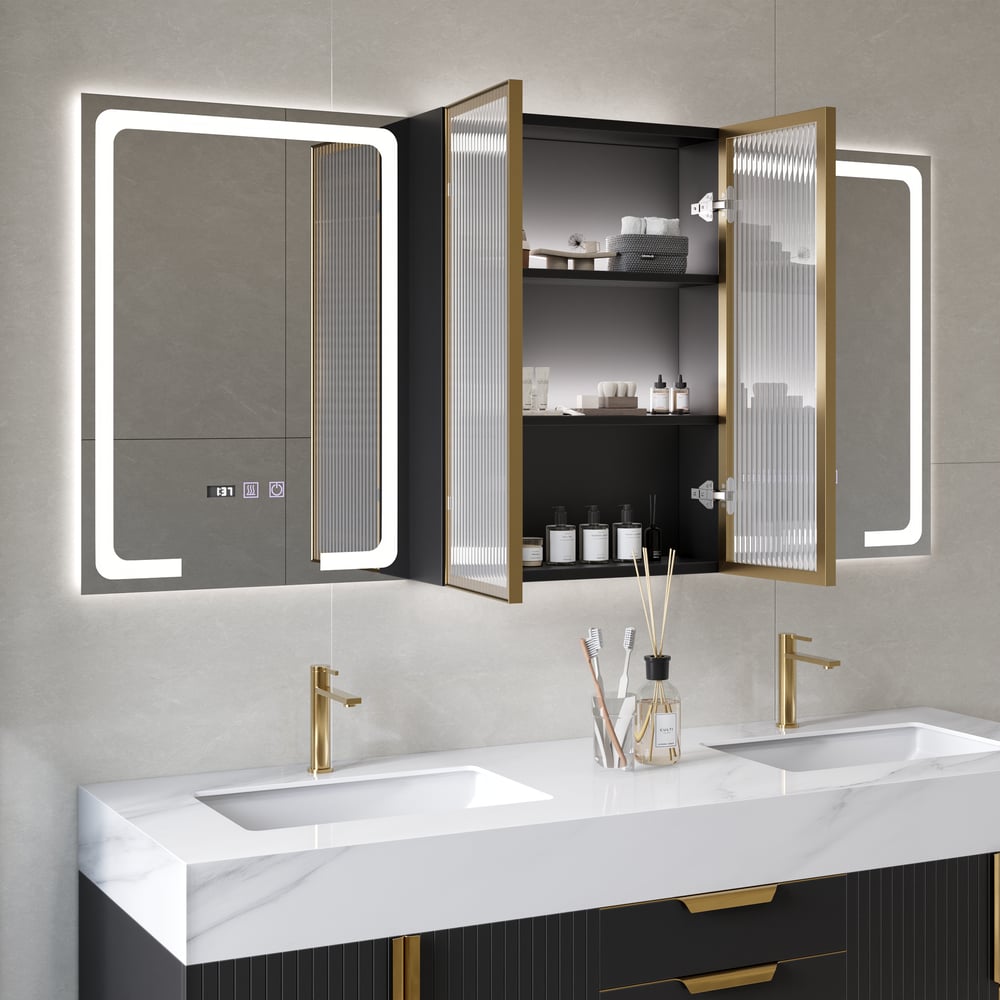 59" Black LED Medicine Cabinet with Center Storage, 3-Color Dimmable & Defogger window image