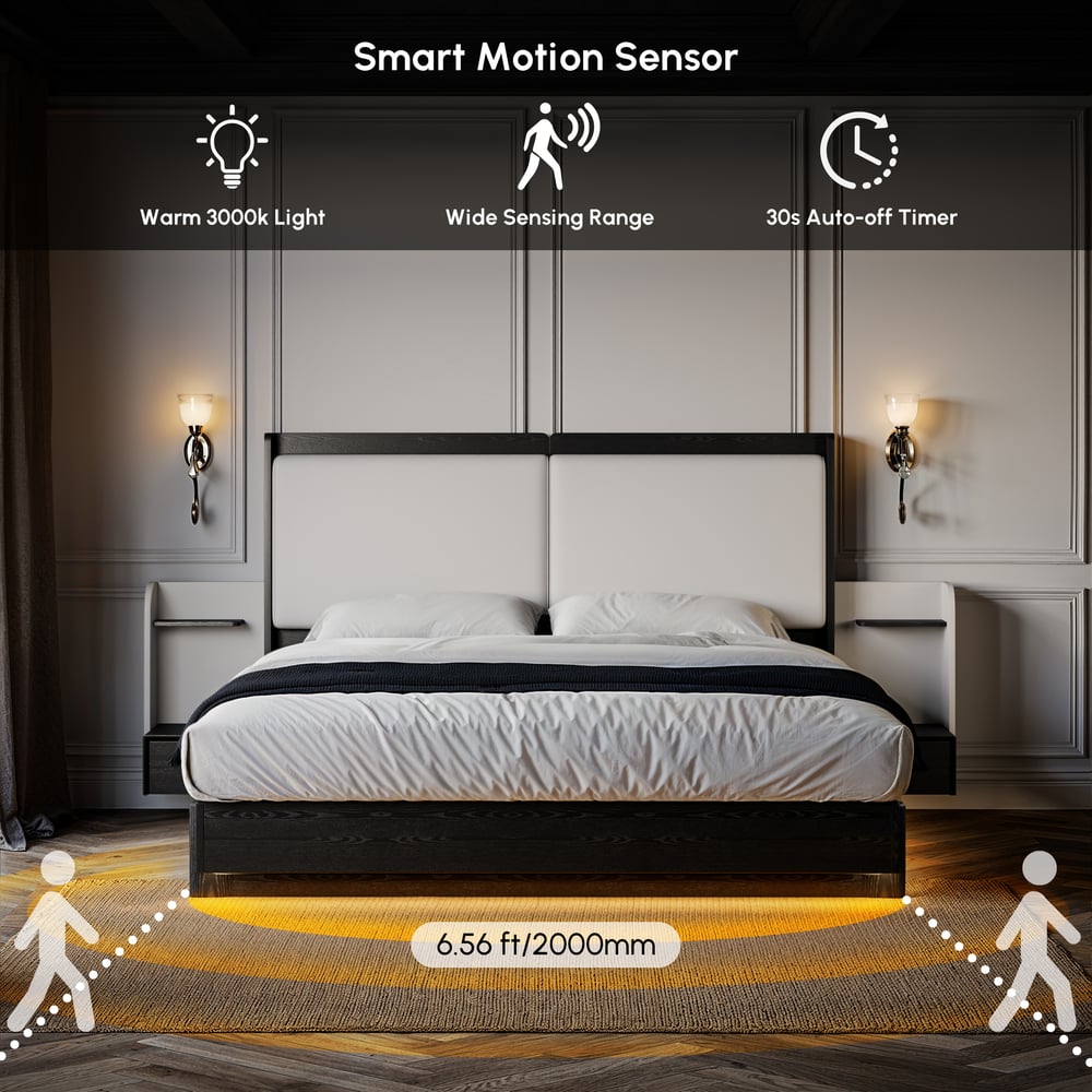 King Solid Wood Bed with Leather Extended Headboard & Floating Smart Nightstand Set window image