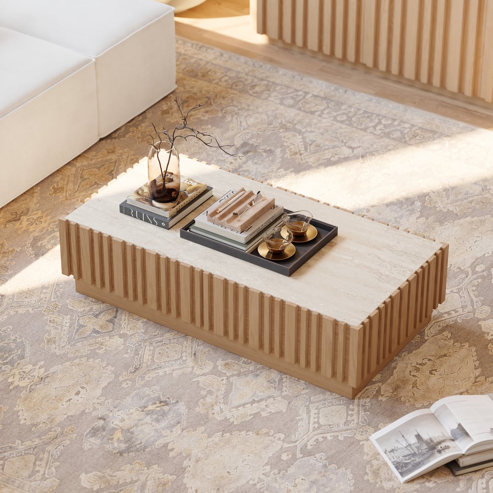 Table basse à lattes Aura 47" en bois de frêne avec plateau en pierre frittée image de fenêtre