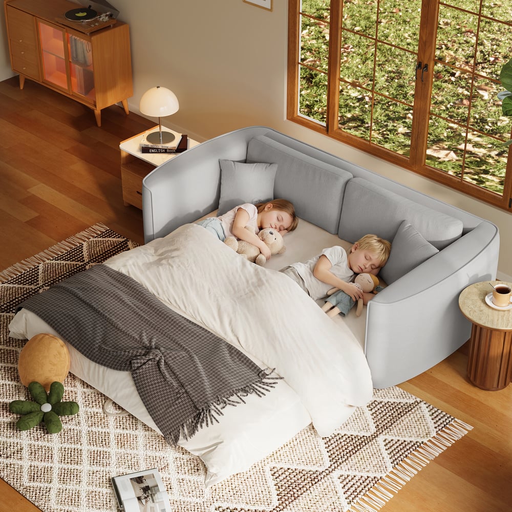 80" Queen 3-Seater Chenille Fold-Down Sleeper Sofa with Removable Cover window image