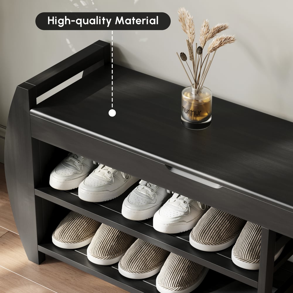 Banco zapatero de entrada de madera maciza negra de 40 pulgadas con estante para zapatos Imagen de ventana