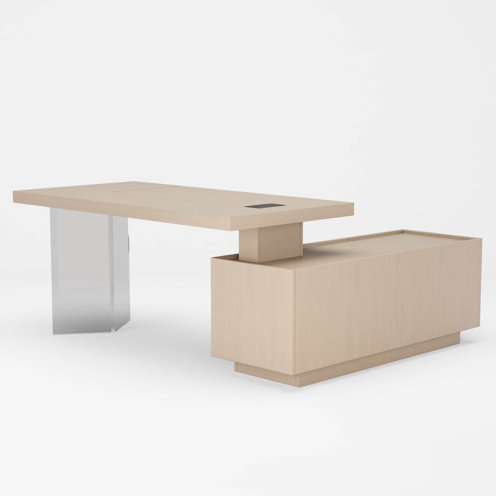 Modern 72" L-Shape Whitewash Standing Executive Desk with Lifter Desktop Left Hand window image