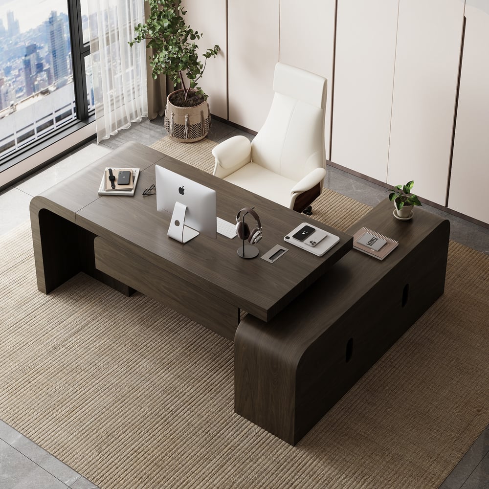 Chicent 71'' L-shaped Smoked Brown Computer Desk with Cabinet Left Hand window image