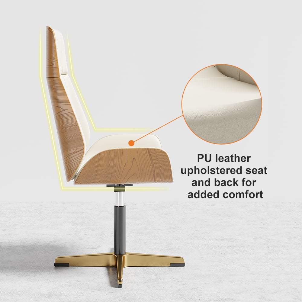 Walnut Curved Wooden Office Desk & Adjustable Swivel Executive Chair in Beige & Gold window image