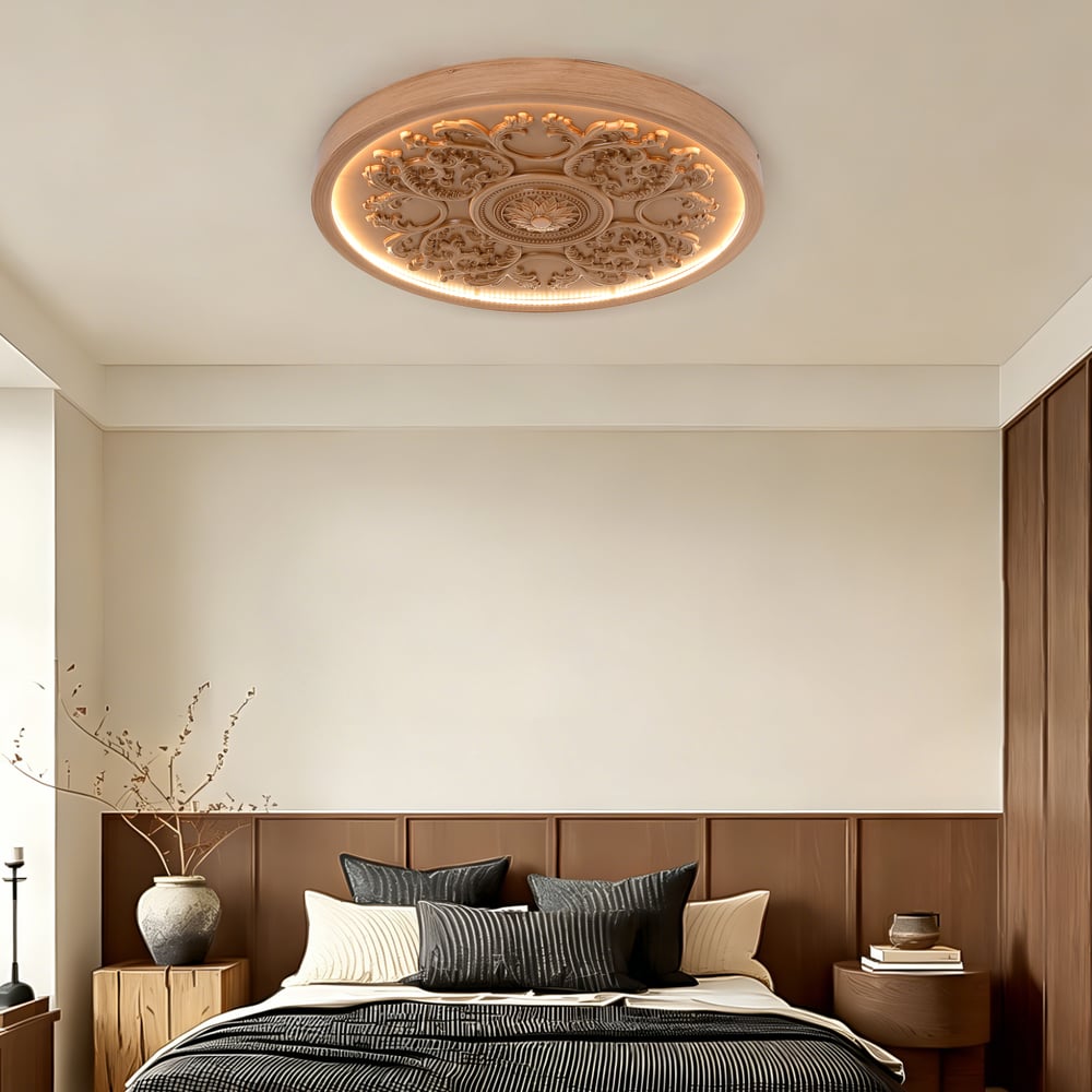 French Elegant Natural Resin 3D Carved LED Dimmable Flush Mount Ceiling Light window image